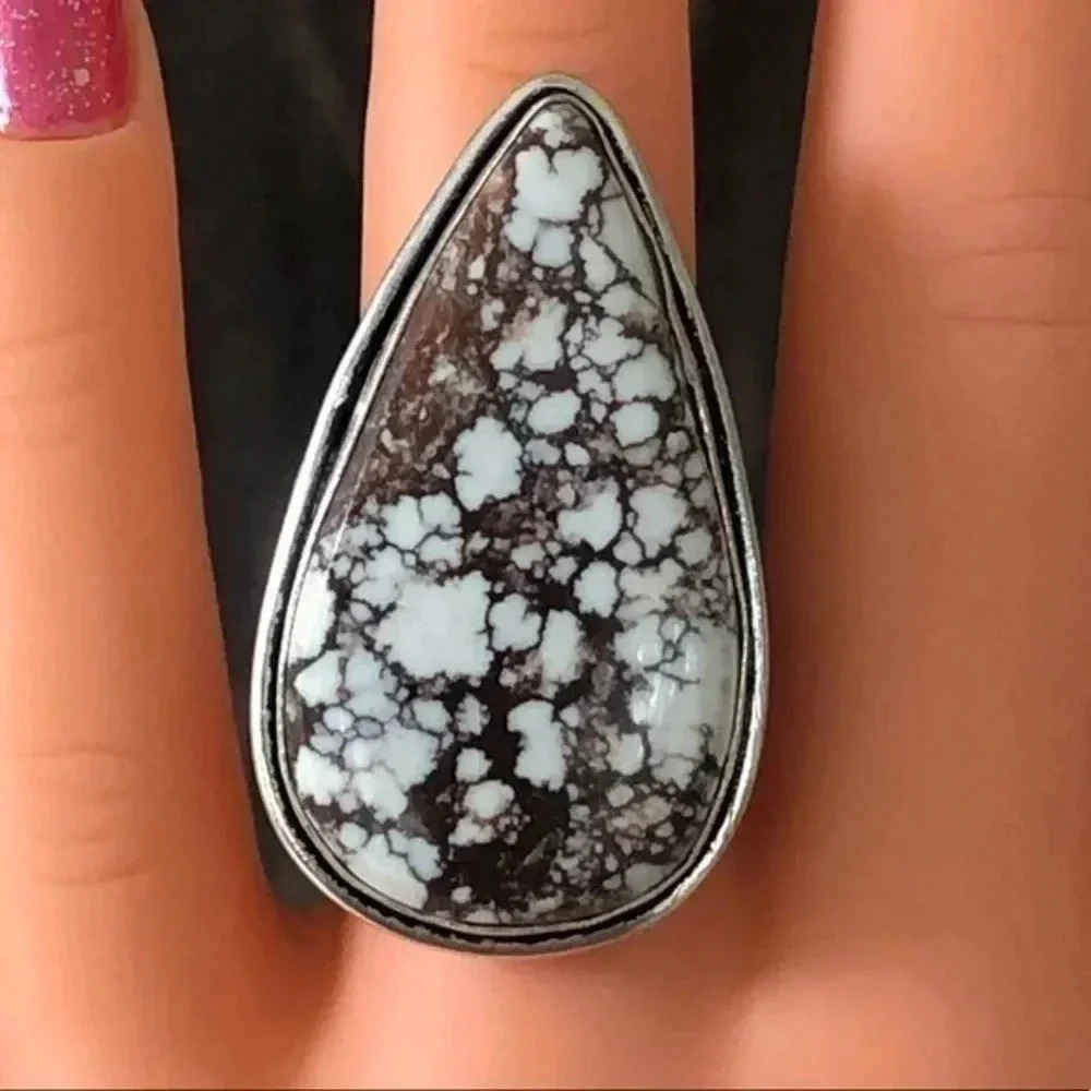 SIZE 6 Huge Teardrop Genuine Wild Horse Turquoise 925 Sterling Silver Ring NWT